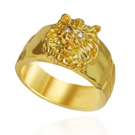 Gold Lion Head Ring for Men, Norse Viking Lion Ring with Rhinestones Crystal Eye, Heavy Metal Rock Punk Style Gothic Biker Cross Ring, Lion Totem Amulet Ring, Punk Animal Lion Jewelry (O)