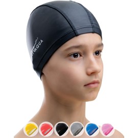 AqtivAqua Kids Swimming Caps for Kids Swim Cap Kids Girls Boys Youth Hat (Black color, Kids size)