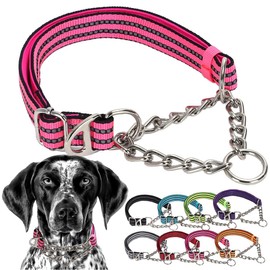 Pink Martingale Collar for Medium Dogs, Reflective Nylon Dog Chain Collar Heavy Duty Martingale Dog Collar with Stainless Steel Chain Adjustable for Small Medium Large Dogs