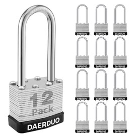 DAERDUO 12 Pack 40 mm (1-9/16") Keyed Alike Laminated Padlocks with 24 Keys, Hardened Steel Long Shackle, Heavy-Duty Locks for Gym Lockers, Toolboxes, School Lockers, and Hasp Latches