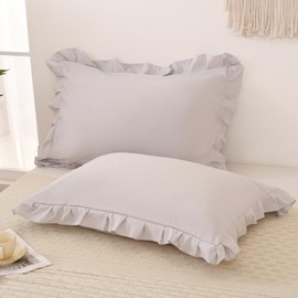 Beige Gray Pillow Shams Cute Ruffle Standard Pillowcases Solid Pillow Cover Set of 2 Shabby Chic Soft Light Gray Pillowcases 2 Pack (Queen (20''x30''), Beige Gray)