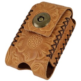 Stamped Floral Flip Top Leather Lighter Pouch, Lighter Shell Leather Cover,Hand Stitched Genuine Leather Lighter Case,Anti-Scratch Lighter Pouch with Belt Hole Use for Man,Woman Gifts (C)