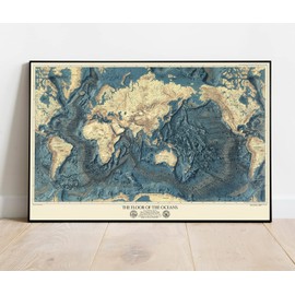 Historic Pictoric Wall Map, World - Ocean Floors and Land Relief. 1976 - Vintage Wall Art - 24in x 16in