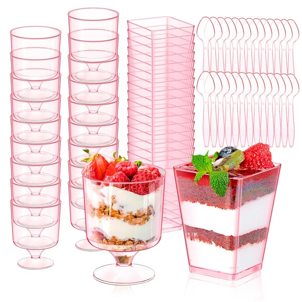 200 Pcs Pink Dessert Cups with Spoons 100Pc 5 OZ