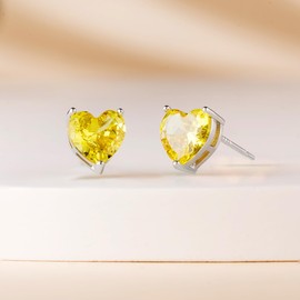 Geelein 14K Gold Plated Stud Earrings 925 Sterling Silver Post Heart Cubic Zirconia Stud Earrings CZ Stud Small Cute for Women, Silver, Yellow