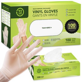 72HRS Vinyl Disposable All Purpose Clear Gloves – 4 mil, Latex Free and Power Free, Food Grade Multipurpose Gloves (100, Medium)