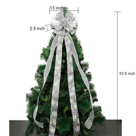 Voeveca Christmas Tree Topper Bow, 53X13 Inch Silver Xmas Tree Flower Topper Decor, for Family, Wedding, Indoor Outdoor Thanksgiving Christmas Decoration (Silver)