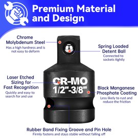 1/2" Female to 3/8" Male Impact Socket Adapter Reducer Set, 2 Pcs Chrome Molybdenum Steel Driver Conversion Adapters, for Sockets and Impact Wrench