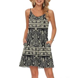 MISFAY Women's Summer Spaghetti Strap Casual Swing Tank Beach Cover Up Dress with Pockets(Boho Floral Black,M)