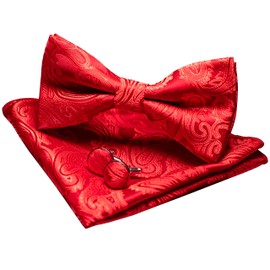 JEMYGINS Men's Paisley Pattern Bow Tie, Cuffs, Buttons, Handkerchief Set, Formal, Business, Weddings, Gift, red