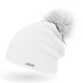 Neverless Ladies Knitted Fur Pom Pom Faux Fur Winter Hat Bobble Hat, 2014 white