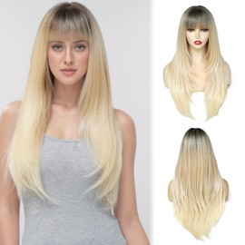 PARXITN Wig for Women 60 cm Long Straight Hair Wigs with Fringes Ombre Blonde Fashion Natural Looking Synthetic Hair Wig for Daily Party Wear
