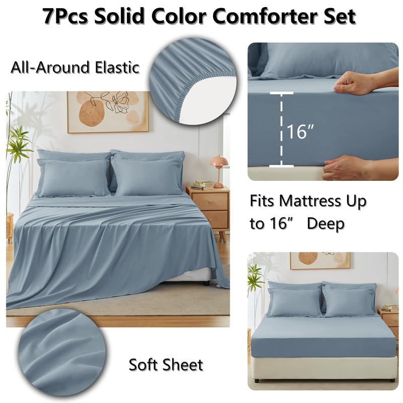 CozyLux King Size Comforter Set Grayish Blue, 7 Pieces Bed