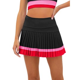 Fisoew Women's High Waisted Tennis Skirts Color Block Pleated Athletic Golf Skorts with Built in Shorts Black