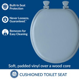 Mayfair Padded Toilet Seat, Cushioned Soft Vinyl over Wood Core Seat, Secure Hinges, Easy Clean, Made in USA, Round, Sky Blue