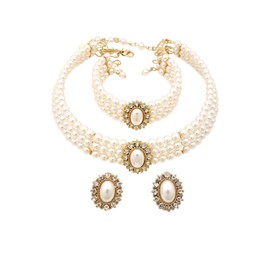 Fashion 21 3 Rows Rhinestone Trimmed Simulated Pearl Choker Necklace, Bracelet, Pierced Earring 3 Set (Cream)