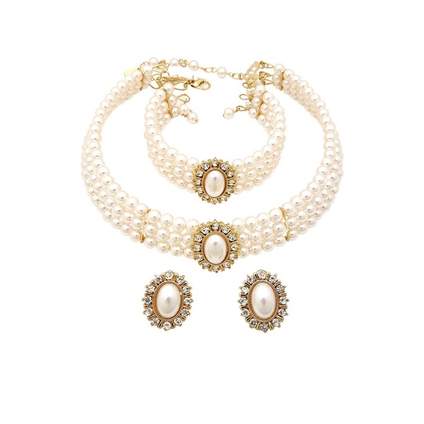 Fashion 21 3 Rows Rhinestone Trimmed Simulated Pearl Choker Necklace,