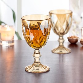 Vintage Wine Glasses Set of 6, 10 Ounce Colored Glass Water Goblets, Unique Embossed Pattern High Clear Stemmed Glassware Wedding Party Bar Glass Drinking Cups Fancy Wine Glasses Amber