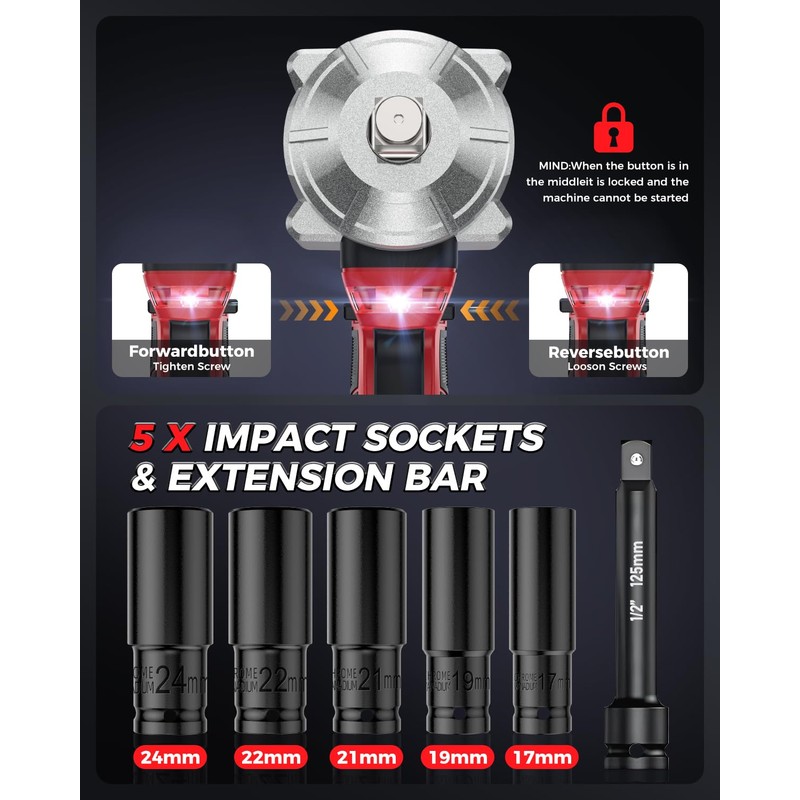 Eioehtl Cordless Impact Wrench, 1200N.m 1/2 Inch Brushless Impact Gun,
