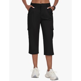 MoFiz Women's Cargo Capris Pants Summer Casual Lightweight Cotton Hiking Travel Capri Pants with 6 Pockets Black M