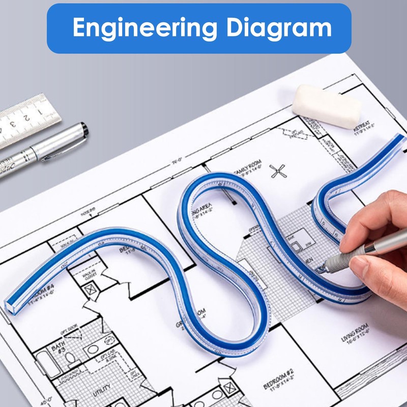 Flexible Curve Ruler Plastic Blue White Curve Flex Design Ruler
