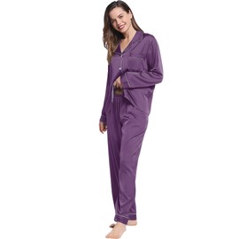 Amorbella Satin Long Nightwear/Sleepwear/Loungewear Set Ladies Silky Soft 2 Piece Button Up Pajamas/PJs Plus Size (Purple, XXL)