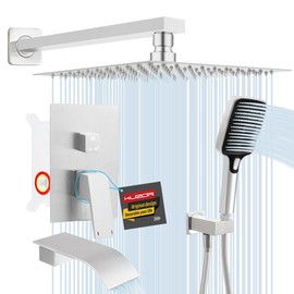 Kuzor 1Pc 304 Stainless Steel Shower Faucet Set, Rain Shower Head with Handheld Spray, Square Shower Head with 3 Setting Handheld Combo and Valve Kit (Brushed Nickel, 12 Inches Shower Head)