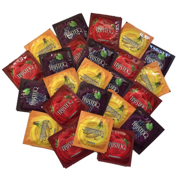 Trustex Fruity Flavors + Brass Lunamax Pocket Case (Strawberry, Banana, and Grape) Premium Flavored Latex Condoms-24 Count
