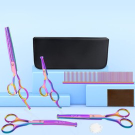 LILYS PET Safe Round-Tip Professional PET DOG Grooming Coated Titanium scissors suit Cutting&Curved&Thinning shears Set (Rainbow)