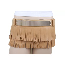 Unbranded Women Beige Brown Black Color Faux Leather Skirt Tie Fringes Belt Gold Metal S M - Black