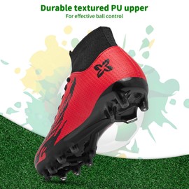 Kids Soccer Cleats Boys Girls Firm Ground Outdoor Football Cleats Shoes | High-Top Elastic Socks| Lace Up | Unisex | YouthSize 3 Red