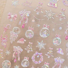 Christmas Nail Art Stickers 5D Embossed Christmas Nail Decals Aurora Pink Nail Art Designs Stickers Snowflake Christmas Tree Elk Nail Supplies Self Adhesive Winter Nail Art Decals for Women Nail Decor