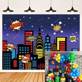 Superhero Cityscape Theme Backdrop Night Scene Buildings Boom Super City Party Photography Background Baby Shower Boy Girl Kids Birthday Party Decoration Studio Shoot Prop (7x5FT)