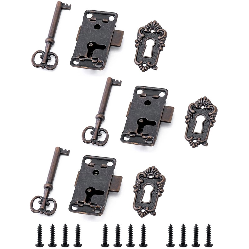 QWORK® 3 Pieces Antique Cabinet Door Lock Sets, Retro Locks