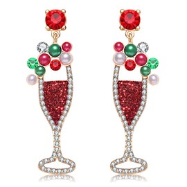 Champagne Wine Glass Earrings for Women Glitter Rhinestone Champagne Flute Earrings Pearl Beaded Dangle Drop Earrings for Party Holiday Celebration Gifts (Christmas)