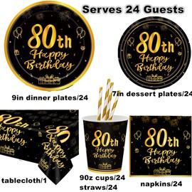 121PCS 80th Birthday Party Tableware Black Gold 80th Birthday Party Plates Cups Napkins Straws Tablecloth 80th Birthday Party Supplies Serves 24 for 80th Birthday Party Decorations