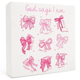 FHUGX Coquette Pink Bow Christian Wood Box Sign 5×5 Inches, God Says I Am Bible Verse Religious Wood Sign for Home Office Girls Bedroom Dorm Desk Tabletop Shelf Decor