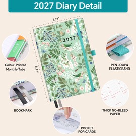 ZXHQ 2027 Diary Page a Day A5, Full Year Daily Planner 2027 with Monthly View, Jan - Dec, with Colorful Tabs, UK Holidays, Inner Pocket, 100 Gsm Paper, Pen Set, 5.9" × 8.5"- Spring Garden