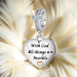 MiWangLing Religious Cross Christian Bible Verse Heart Charm Bead For European Bracelet Women Present Mattew 19:26