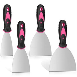 Putty Knife Set, 4 Pack(1.5, 3, 4, 5 in) Stainless Steel Paint Scraper with Plastic Handle, Filling Spackle Knife for Cleaning, Decorating, DIY, Removing (Pink)
