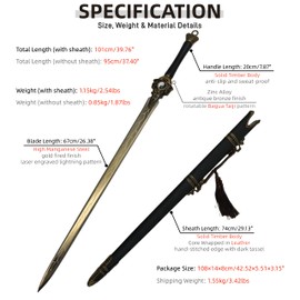Sword Valley Tai Chi Bagua House‑Protecting Martial Arts Han Sword with Sheath - High Manganese Steel Blade｜Gold Fired Lightning Pattern｜101cm/39.8" - 1.15kg/2.54lbs｜Sharpened Edge for Collection