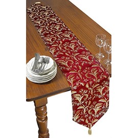 Violet Linen Decorative Luxury Damask Vintage Design Table Runner, 13" x 90", Burgundy
