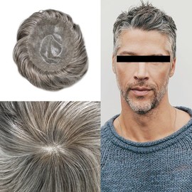 Toupee for Men Hairpiece Replacement System Full Injected Poly Skin Soft Human Hair Piece for Men 6X8 Durable PU Mens Wig Hair Unit #560 Light-Med Brown+60% Gray-120% Medium Light to Medium