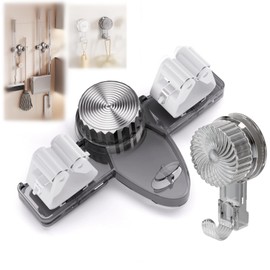 Broom Holder Mop Hanger(2pcs Racks & Hook Set),Wall Mount Organization Rack ,No Drill Suction Cup Adjustable Organizer with Hooks for Bathroom Kitchen Garage Laundry Room (Grey)