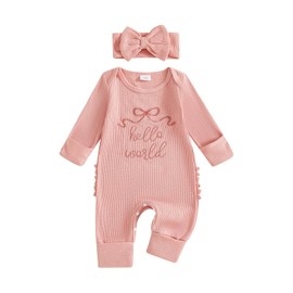 Newborn Girls Hello World Im New Here Baby Grows with Built in Mittens Long Sleeve Romper Autumn Winter Clothes Coming Home Outfit with Headband (Waffel Knit Hello World Pink, 0-3 Months)