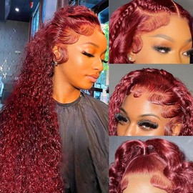 UTracycoy Burgundy Lace Front Wig Human Hair 99J 13x6 Deep Wave Lace Front Wigs Human Hair Pre Plucked 180 Density Red Colored Curly Human Hair Wig for Women with Baby Hair (32 inch)