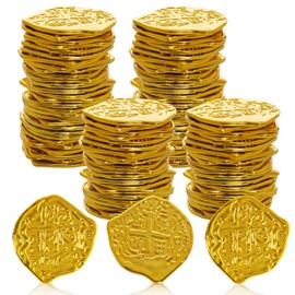 SUMERSHA 100Pcs Gold Coins Plastic Pirate Coins Fake Gold Coins Fake Pirate Treasure Coins for Pirate Birthday Adventure Themed Party Decorations Treasure Hunt Game Supplies (Gold)