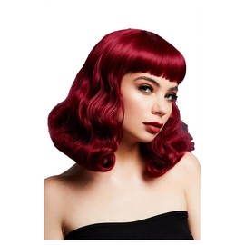 Smiffys Fever Bettie Wig with Short Fringe, Plum Wavy Shoulder Length, Centre Parting, 32cm/ 13in, Fever Wigs Fancy Dress, Fever Dress Up Wigs