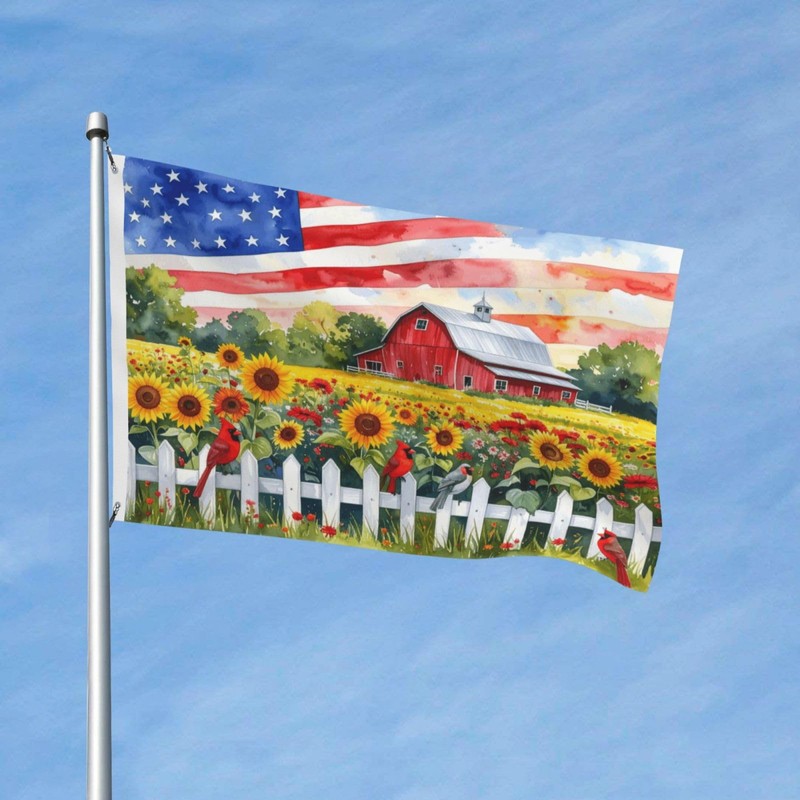 Abucaky Rural Sunflowers Cardinal Birds Flag 3x5 Ft Independence Day