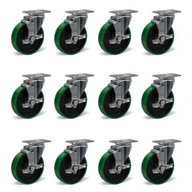 NINOSO Caster Wheels, 5" Heavy Duty Industrial Swivel Casters with Brake, Polyurethane Wheels for Cart Furniture, Each Caster Loads 500lbs(12 Brake)